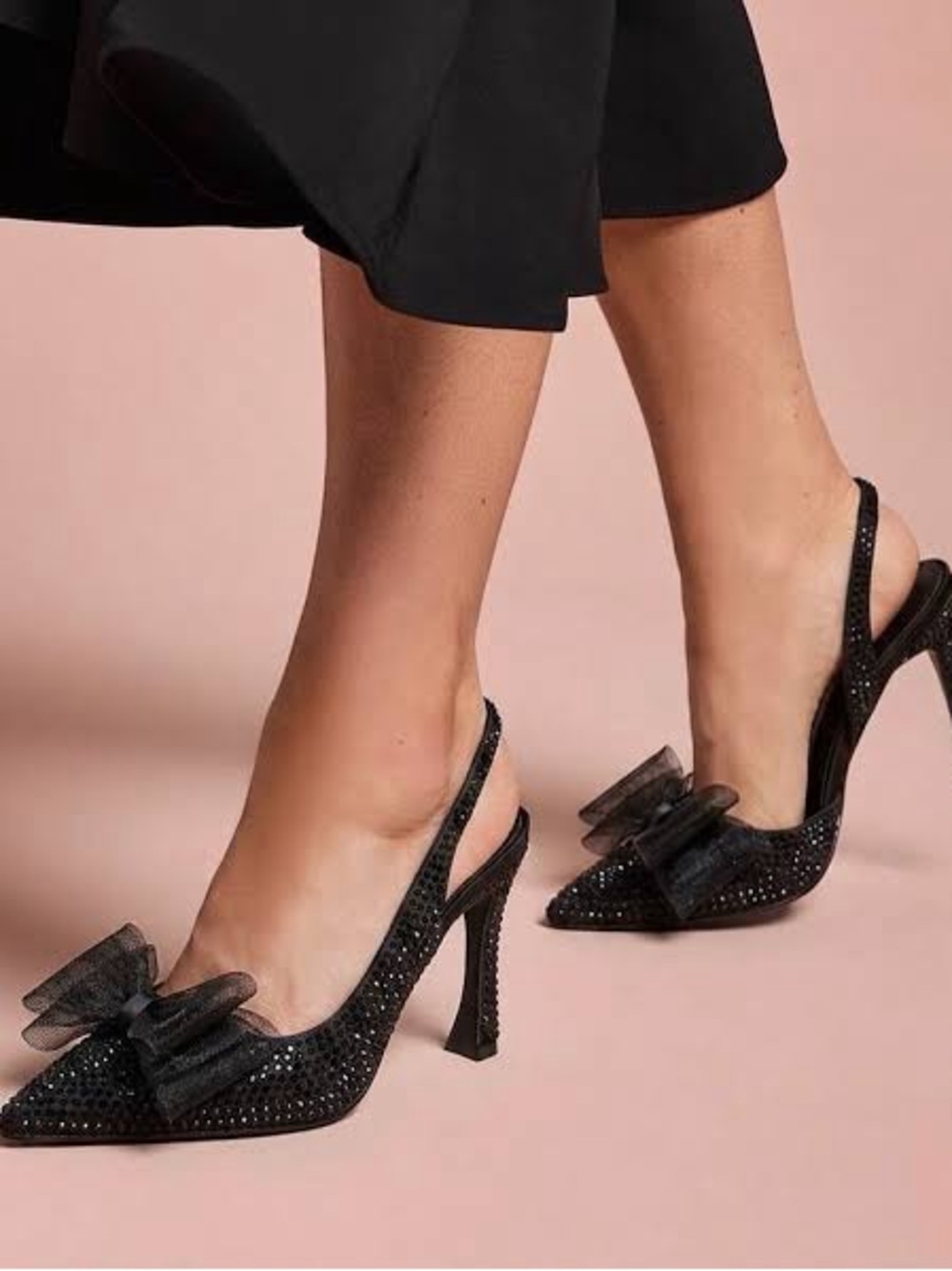 Wild Pair Black Rhinestone Tulle Bow Slingback Heels Size 9 NWOT